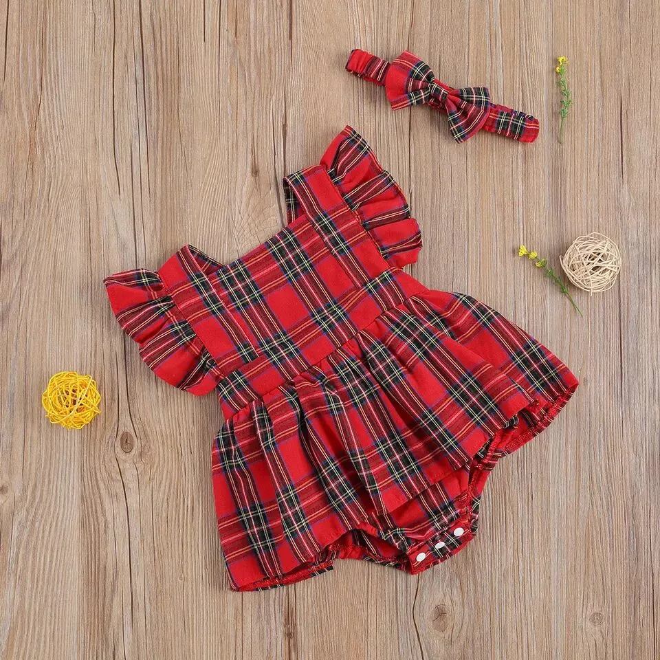 Vestido infantil de verão listrado com mangas esvoaçantes e romper xadrez de Natal para meninas — foto 7