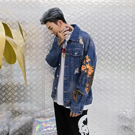 Title 4, Ripped maple leaf print loose jacket offers cas...