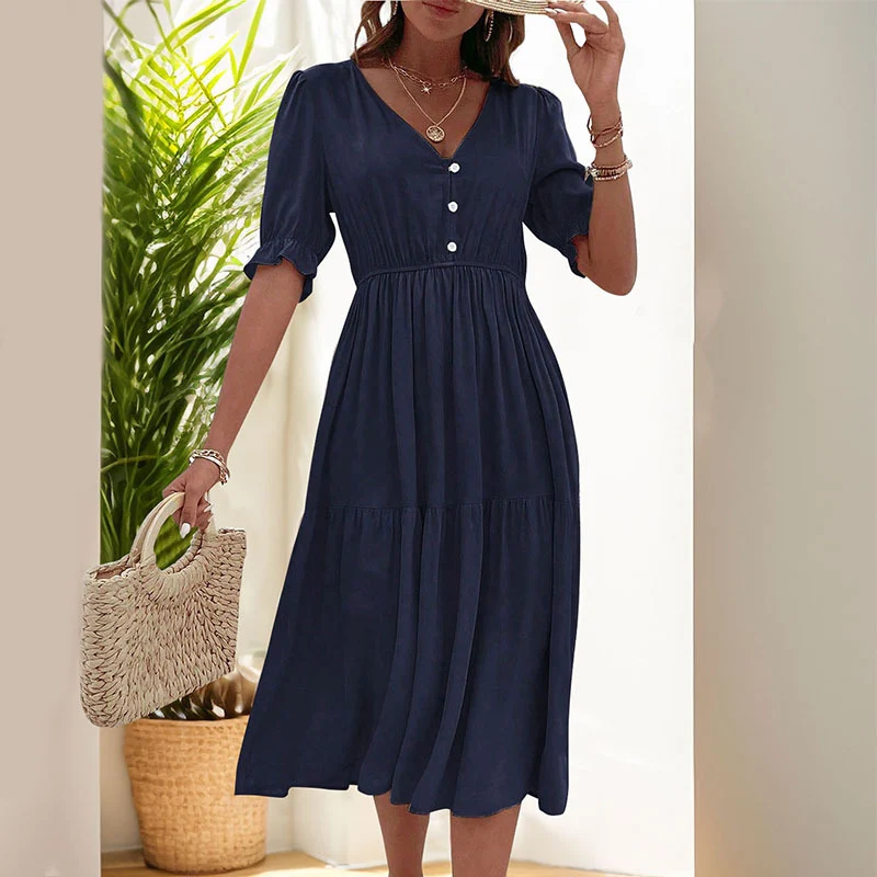 New European And American Summer Women's Tight Waist V-neck Solid Color Dress — photo 6