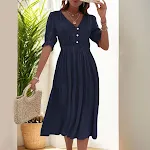 New European And American Summer Women's Tight Waist V-neck Solid Color Dress — photo 6