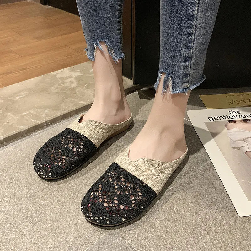 Title 3, Linen Heelless One foot Hollow Sandals Breathab...