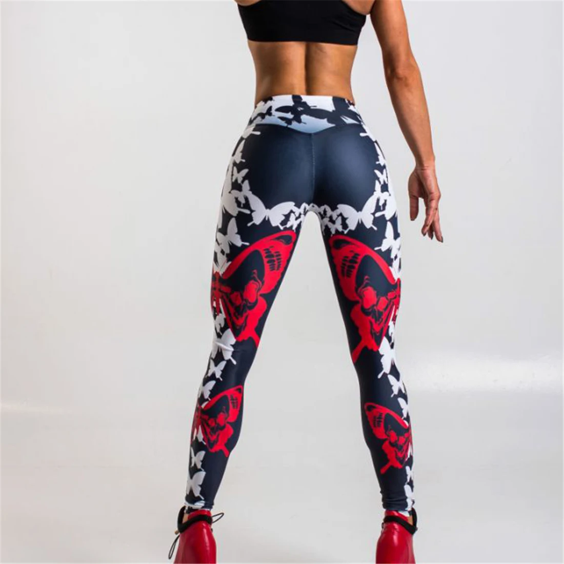 Title 2, Red Butterfly Print Leggings Womens Sports Yog...