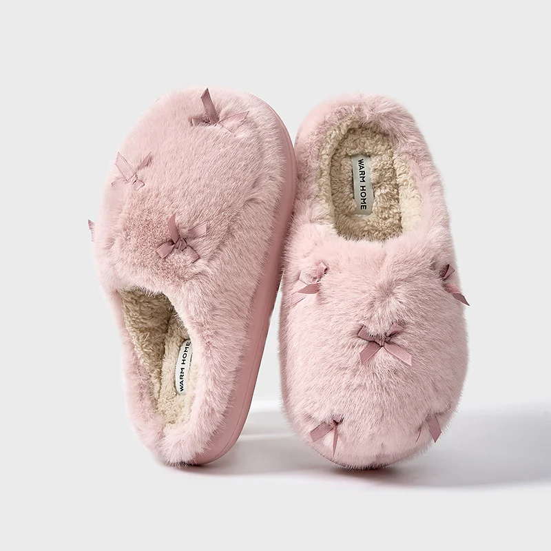 Women's Cute Plush Home Slippers Butterfly Knot Cotton Slippers Comfortable Thick Bottom Outdoor Slippers Winter Indoor — photo 2