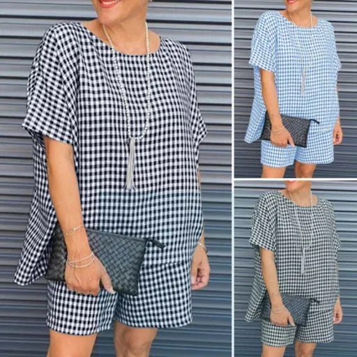 Title 8, Casual Check Crew Neck Short Sleeve Shorts