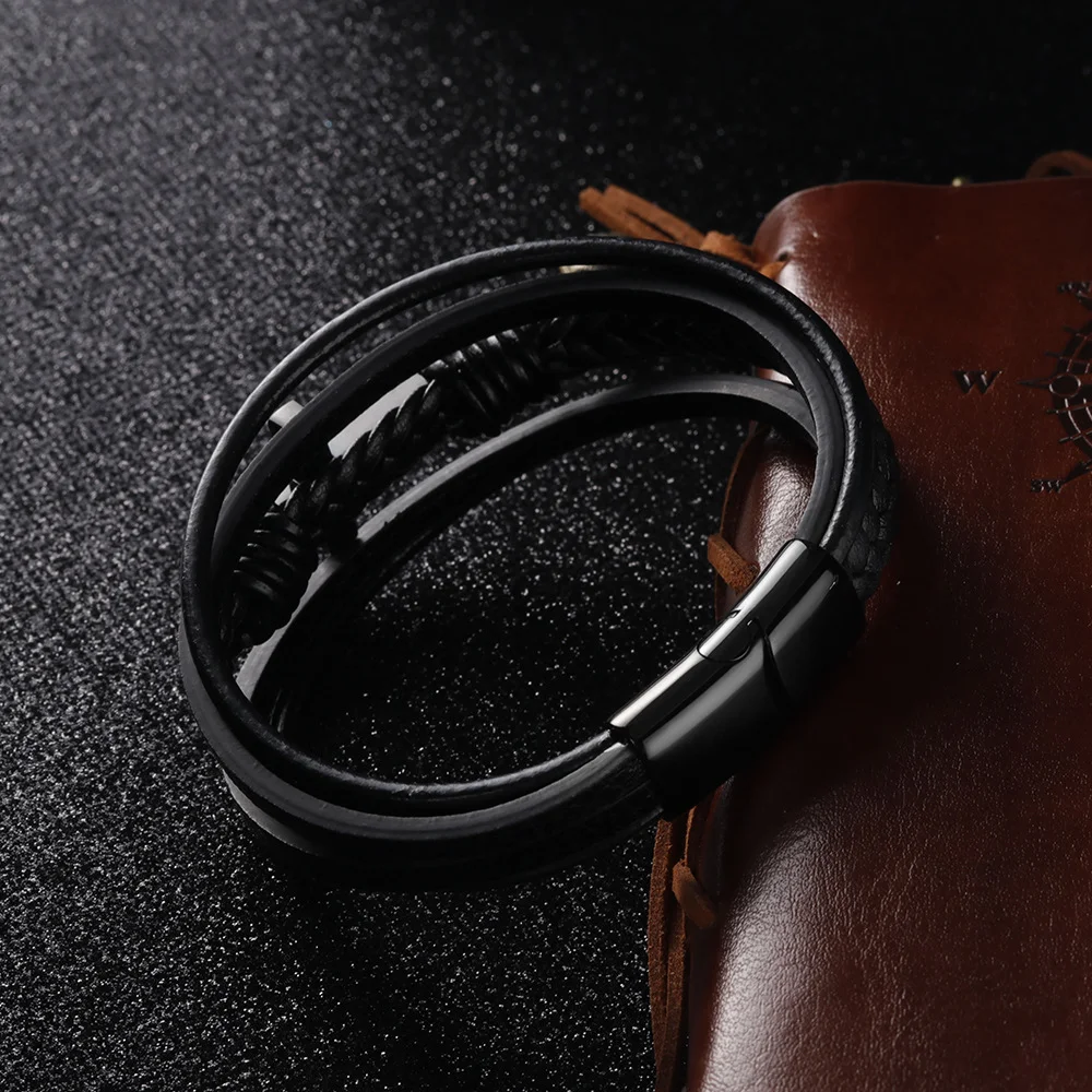 Pulseira de Aço Inox Masculina Trançada Simples Multicamadas Couro — foto 2