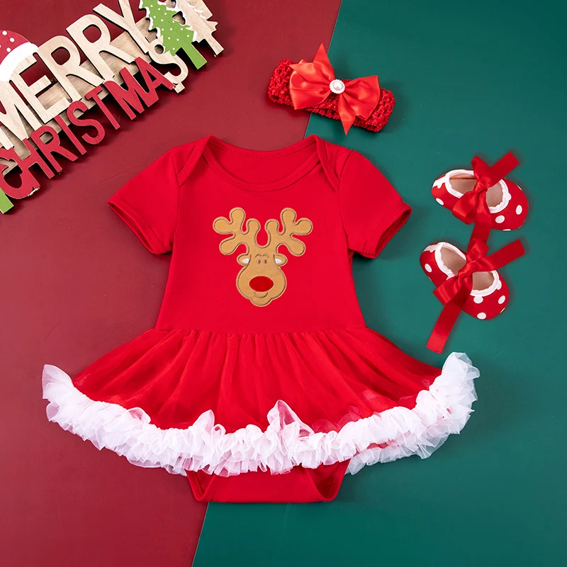 Conjunto de 3 peças para festa de Natal para bebê menina, com Papai Noel de desenho, árvore, vestido, sapatos e acessórios de cabelo — foto 15