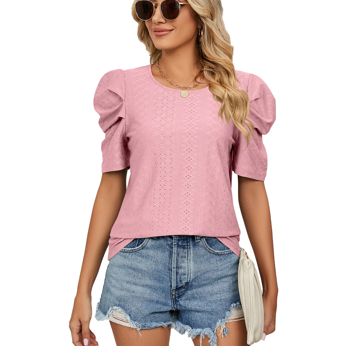 Title 5, New Womens Solid Color Round Neck Pleated Over...