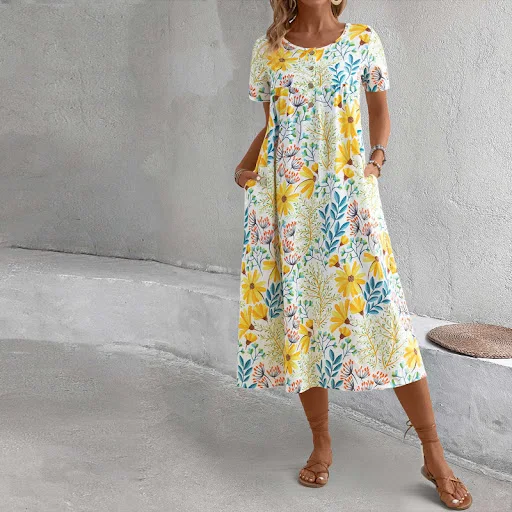 Title 2, Womens Colorful Sweet Floral Round Neck Dress