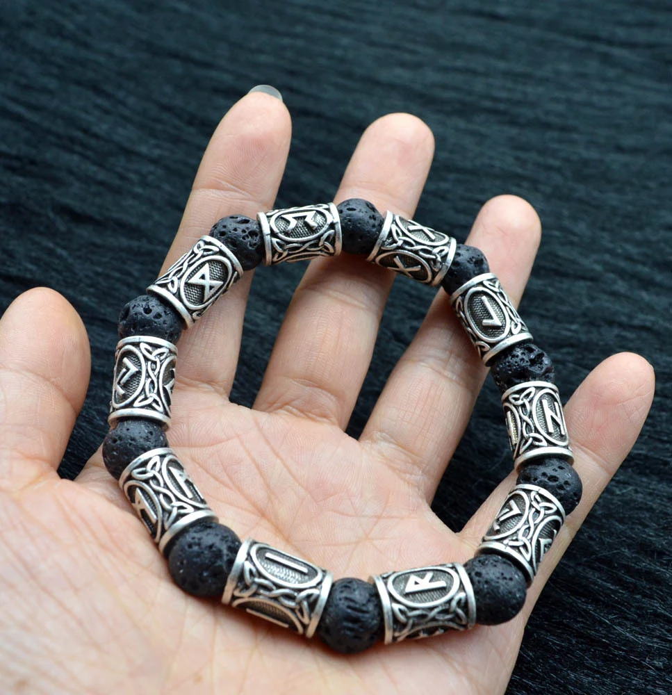 Title 5, Pulseira Asgard de prata com runas e pedra vulc...