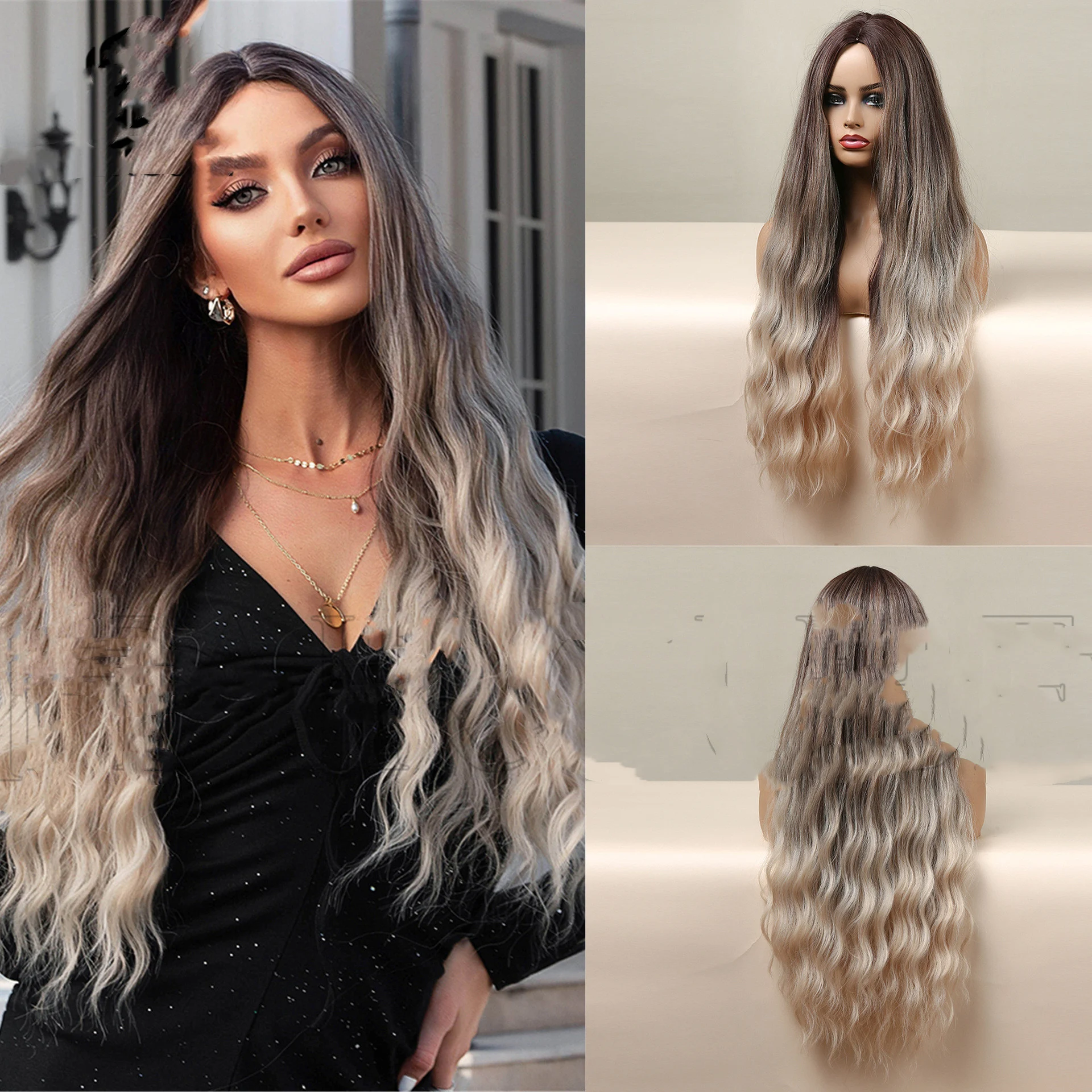 Peruca longa cacheada loira com degradê marrom médio, para mulheres que buscam um visual natural e charmoso. Cabelo volumoso e estiloso. — foto 5