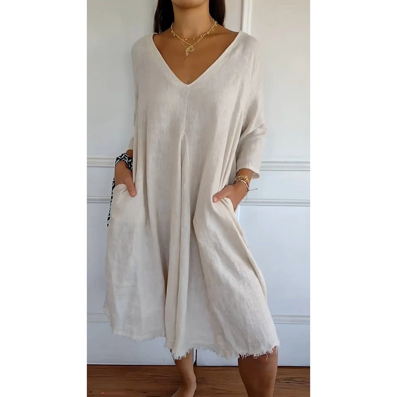 European And American Spring And Summer Loose-fitting Plus Size V-neck Mid-length Dress — photo 8