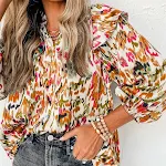 European and American fashion abstract print chiffon shirt with puff sleeves. Elevate your style with this elegant and v — photo 7