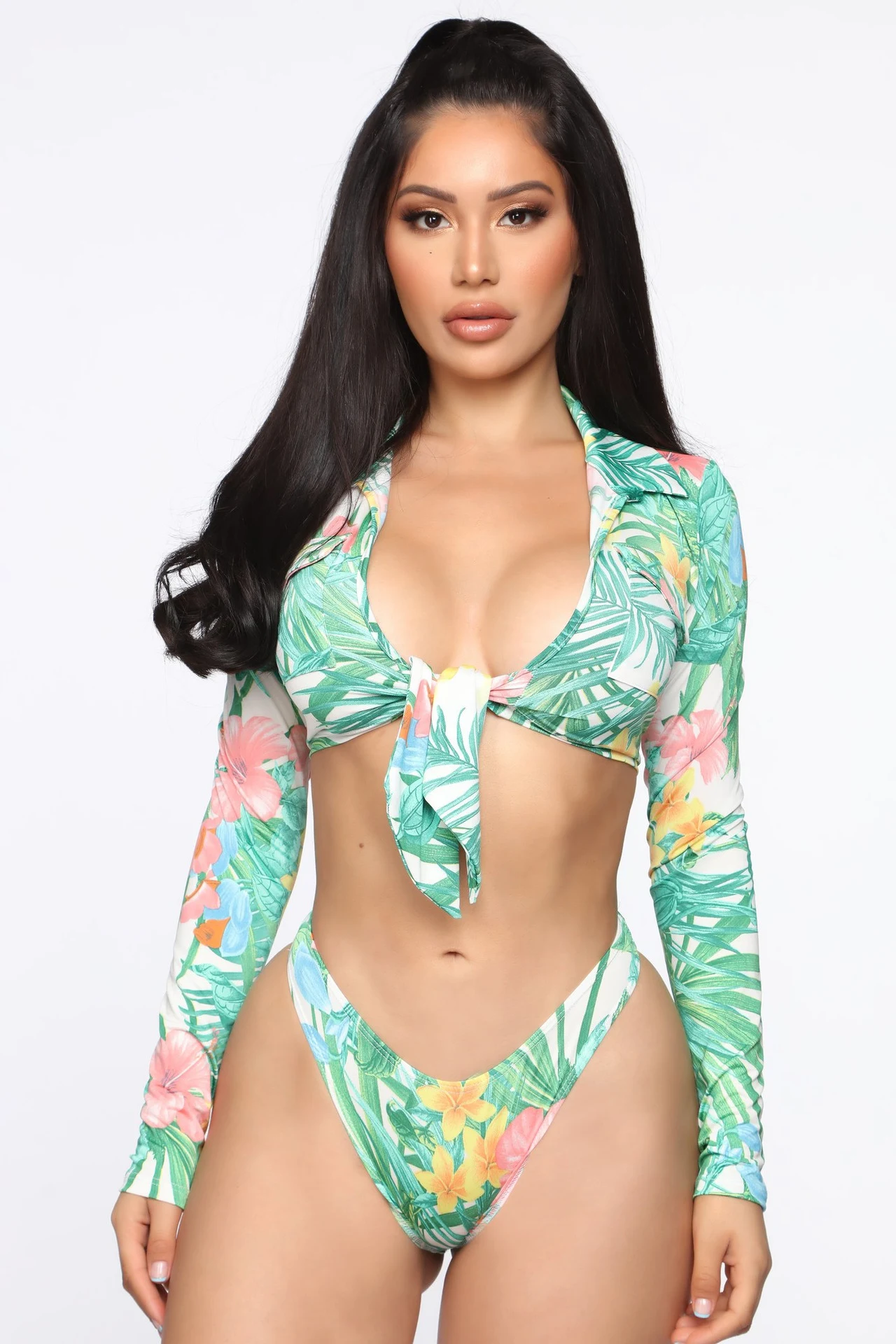 Bikini de manga larga y cintura alta sexy con estampado para comercio exterior de Amazon, perfecto para lucir en la playa. — foto 6