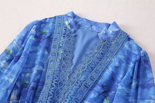 Title 9, V-neck Blue Printed Flared Short Sleeve Vacatio...
