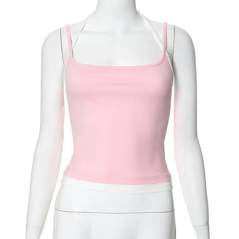Summer new contrast color false two-piece halter backless small top. Stay cool and stylish with this perfect summer top — photo 2