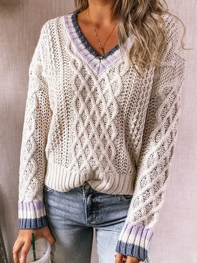 Title 2, Casual Multicolor Stitching Twist V-neck Knitte...