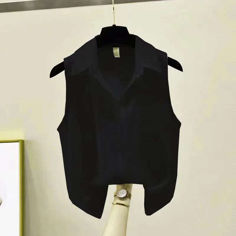 Summer solid color sleeveless crepe chiffon shirt for women. Lightweight and stylish, perfect for warm weather. Stay coo — photo 3