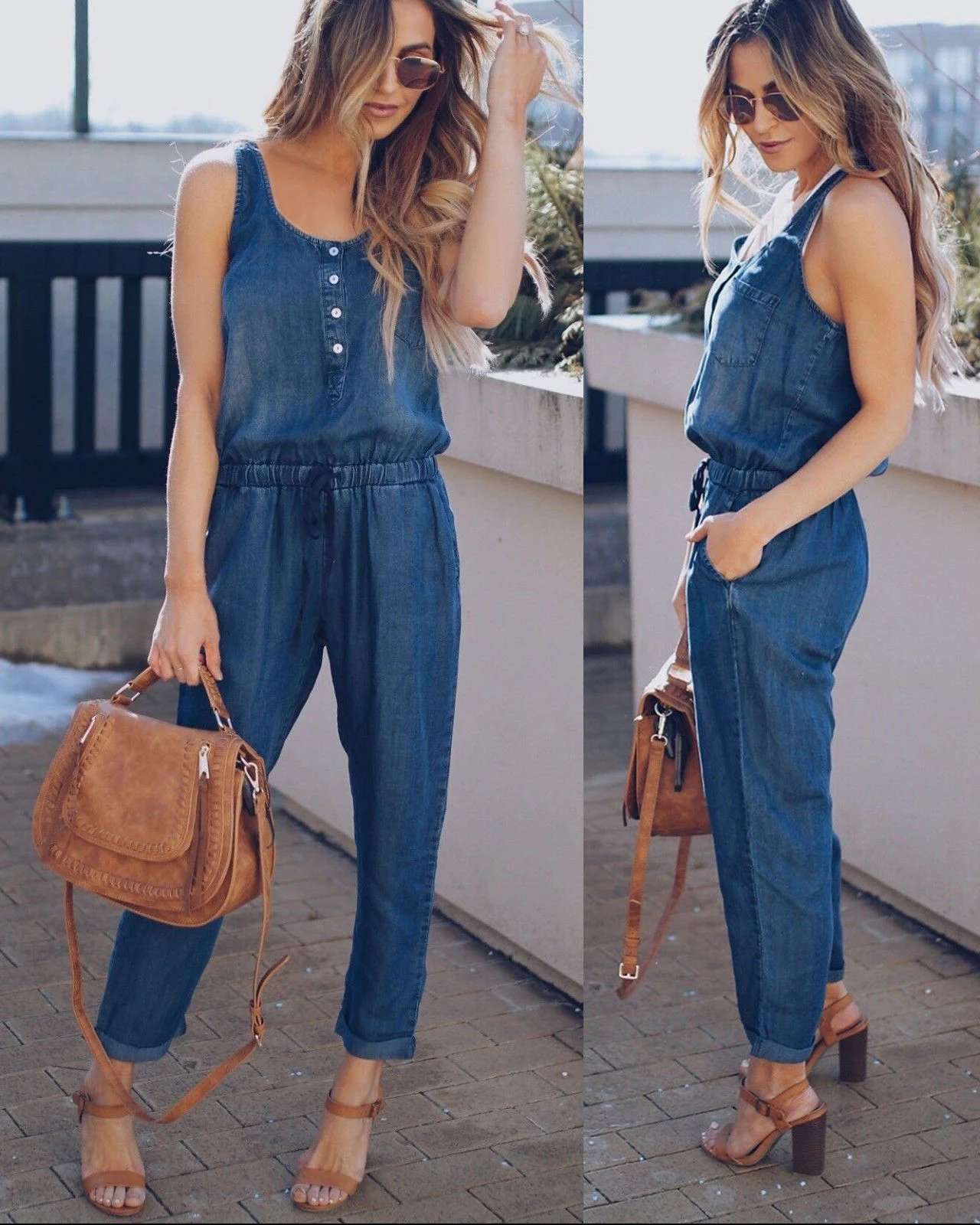 Title 2, Casual Waist Vest Denim Jumpsuit