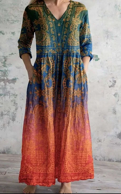 Title 8, Womens Loose And Fashionable V-neck Printed Dress