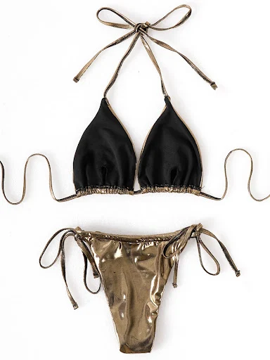 Title 6, Three-piece bikini set with lace-up, shiny gild...