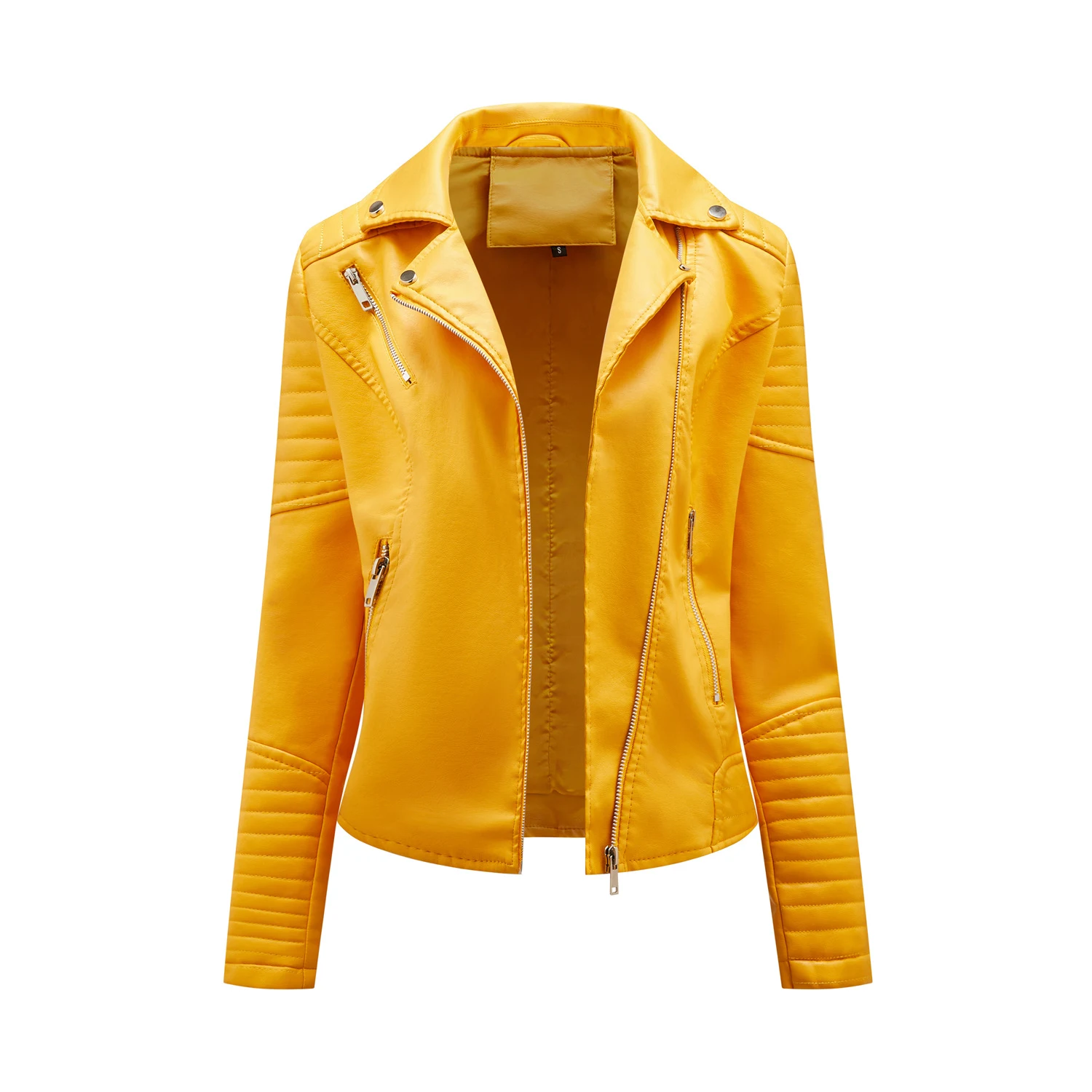Women's short leather jacket with lapel, motorcycle style, and oblique zipper. A stylish, versatile jacket, perfect for — photo 14