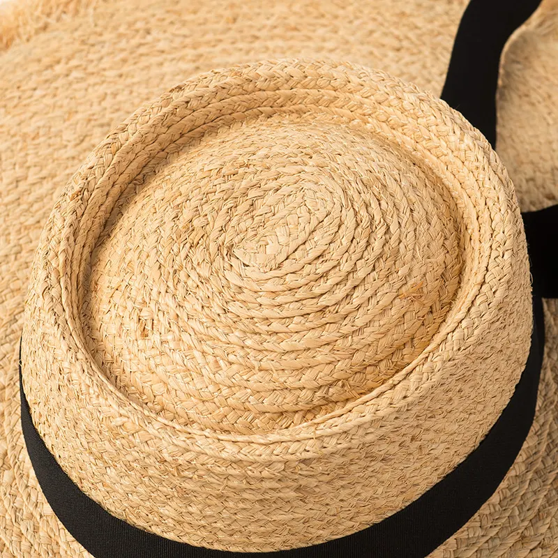 Title 6, Raffia Hat With Ring Flat Top Bow And Ribbon