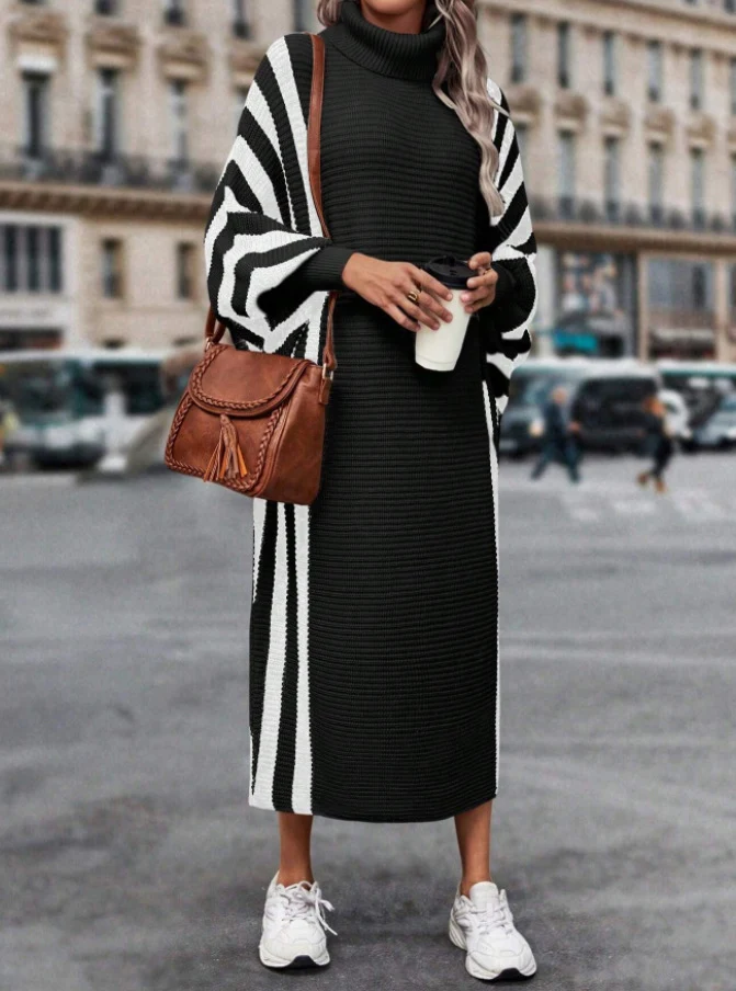 Casual unisex-stijl gestreepte lange gebreide jurk — foto 3