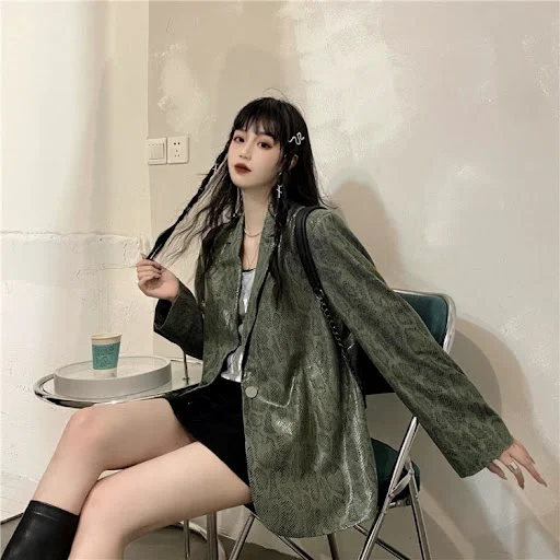 Title 5, Harajuku Army Green Snake Print Loose Thin Blazer