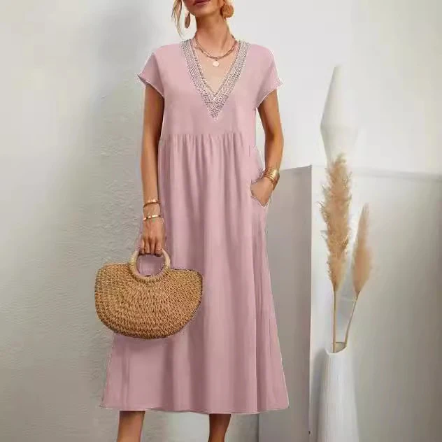 European And American Solid Color Lace V-neck Sleeveless Loose Cotton And Linen Pocket Dress — photo 9