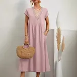 European And American Solid Color Lace V-neck Sleeveless Loose Cotton And Linen Pocket Dress — photo 9