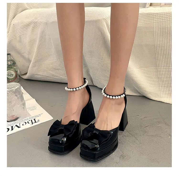 Title 4, Womens New High Chunky Heel Pearl Bow Mary Jan...