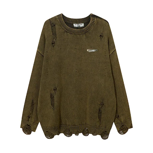 Title 2, Heavy-duty washed and ripped round neck sweater...
