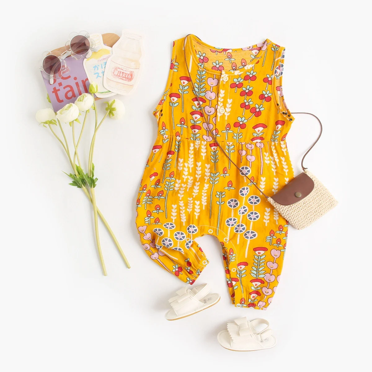 Title 6, Floral Cotton Long Sleeveless Onesie for Newbor...