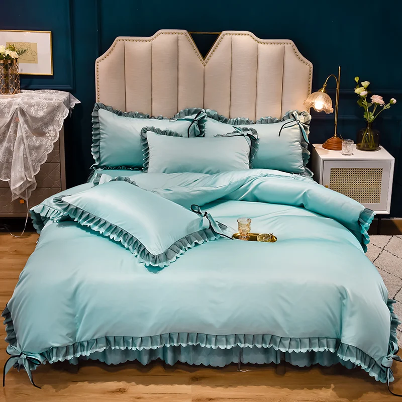 Conjunto de Cama de Seda de Gelo Lavada de Verão 4 Peças Saia de Cama Refrescante e Respirável para Noites Quentes Conforto e Sono — foto 6