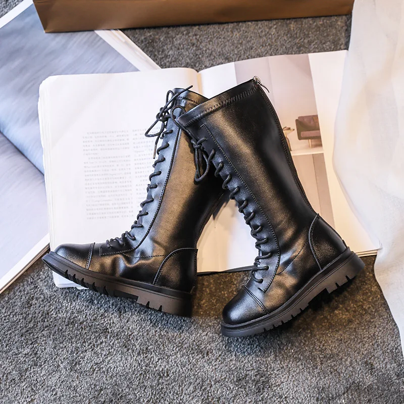 Title 3, Autumn New Girls Leather Boots with Rear Zipper...