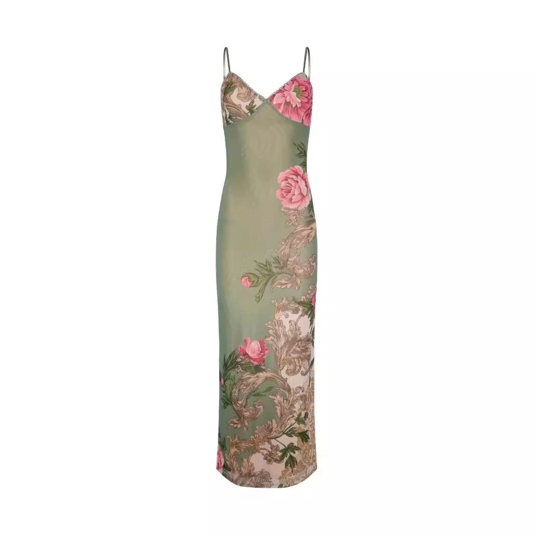 Women's Retro Personalized Floral V-neck Slightly Transparent Dress for a vintage, elegant look. Customize your style wi — photo 2