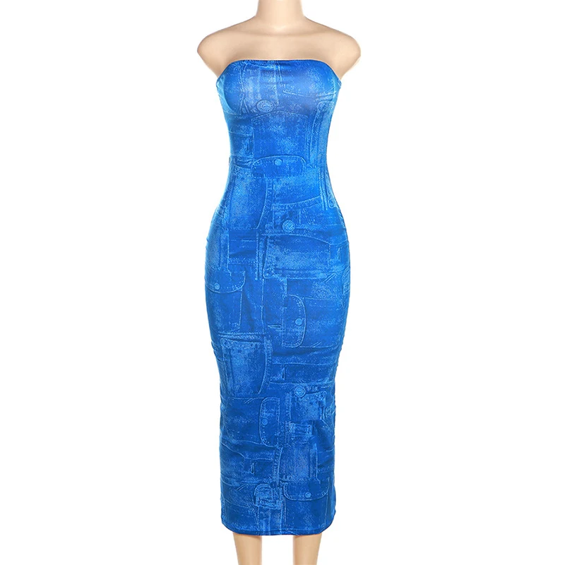 Title 5, Womens Fashion 3D Denim Printing Bandeau Slim-...