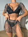 Conjunto Saia e Macacão de Rede de Pesca com Strass e Suspensórios Transparentes para Praia, Sexy e Verão — foto 2