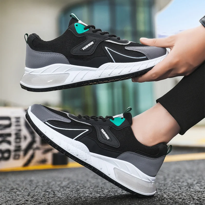 Męskie Sneakersy Color Block Oddychające Sznurowane Buty Sportowe z Siateczki do Biegania, Spacerów i Użytku Codziennego. — zdjęcie 12