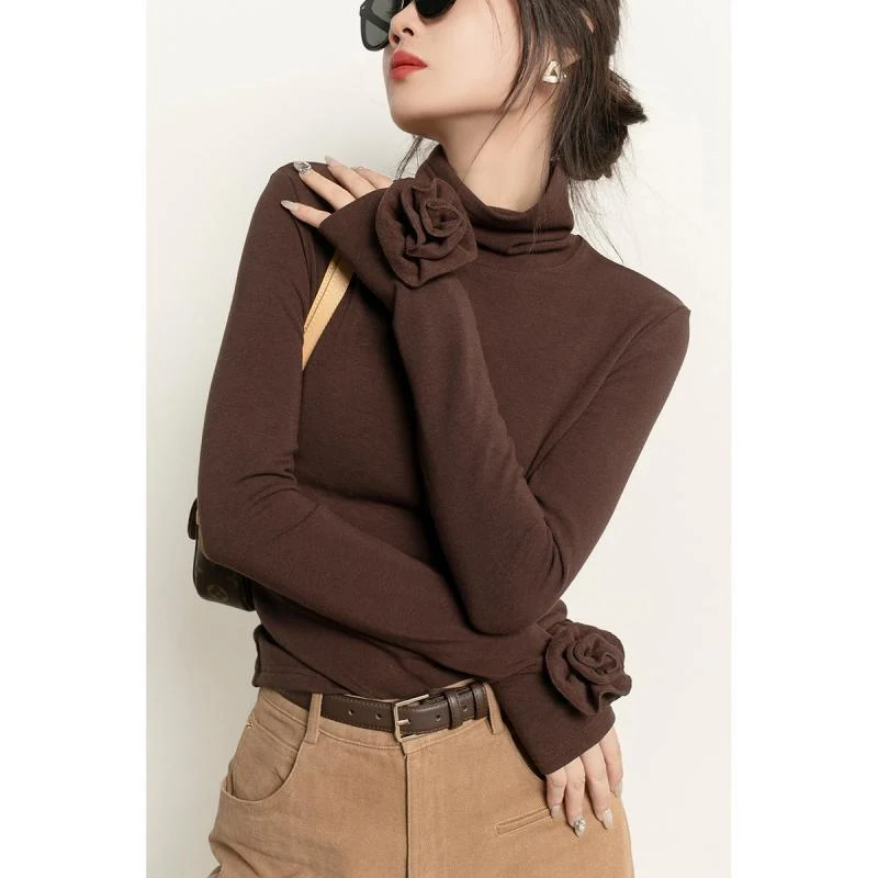 Brown Micro Velvet Lined Turtleneck Bottoming Shirt For Women, offering warmth, softness, and a stylish layering option. — photo 4