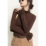 Brown Micro Velvet Lined Turtleneck Bottoming Shirt For Women, offering warmth, softness, and a stylish layering option. — photo 4