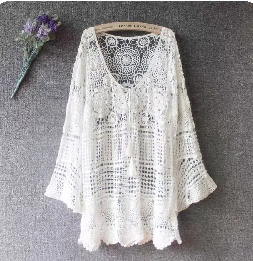 Summer plus size women's clothing, oversized thin lace crocheted hollow out sun protective blouse ice silk wool sweater. — photo 7