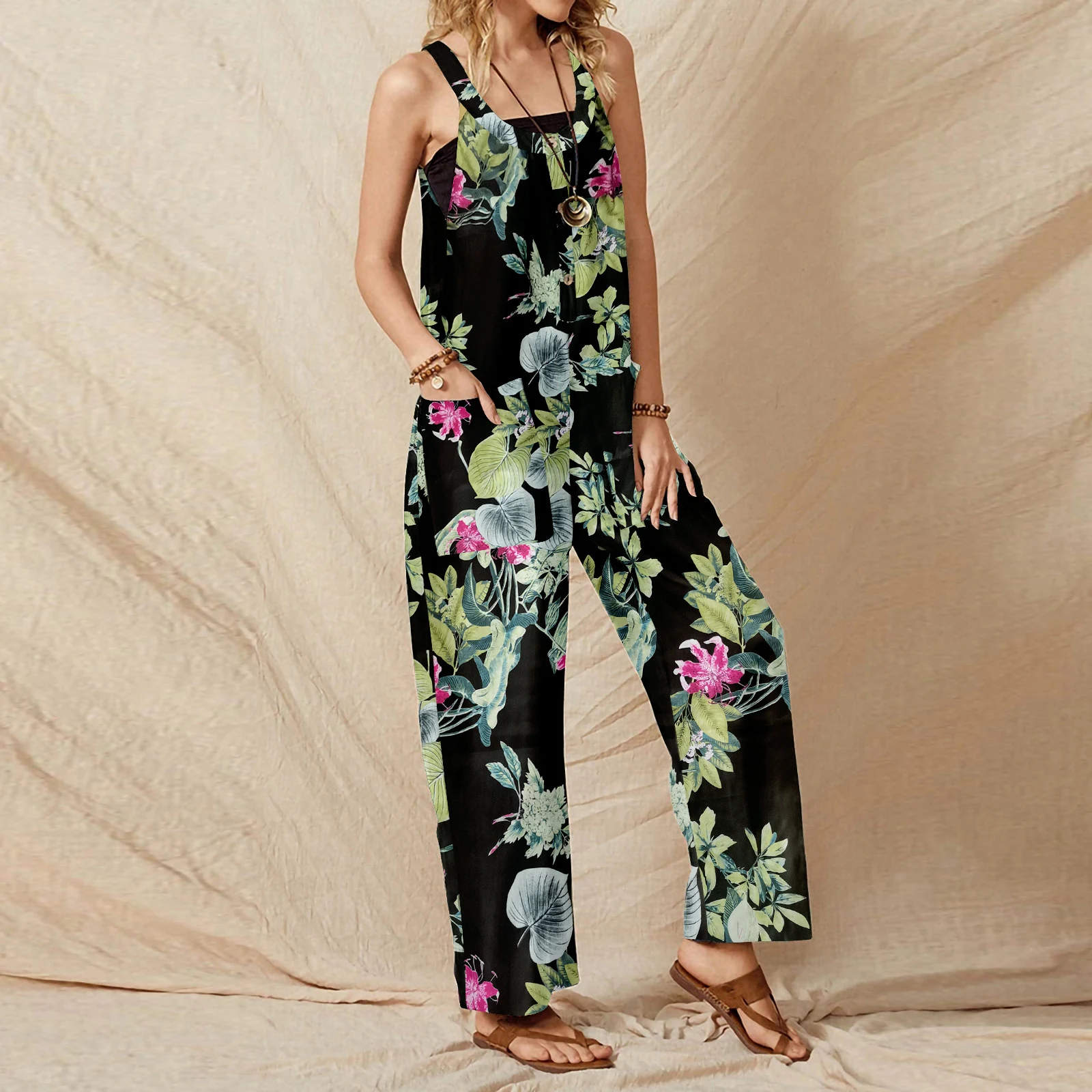 Macacão feminino solto com estampa vintage, bolsos, pernas largas e calças casuais, perfeito para um visual descontraído e estiloso. — foto 1