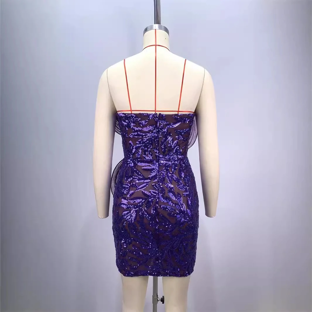 Purple Sequin Mesh Mini Dress with Backless Off-shoulder Tube Top, a Tight Fit for Parties or a Night Out, Sexy and Eye- — photo 3
