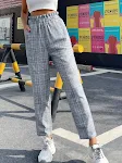 Pantaloni a vita alta a quadri da donna, stile temperamento, gamba dritta. Perfetti per un look elegante e raffinato, adatti a ogni occasione. — foto 5