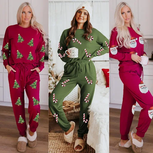 Title 2, Womens Christmas Sequins Long Sleeve Pants Two...