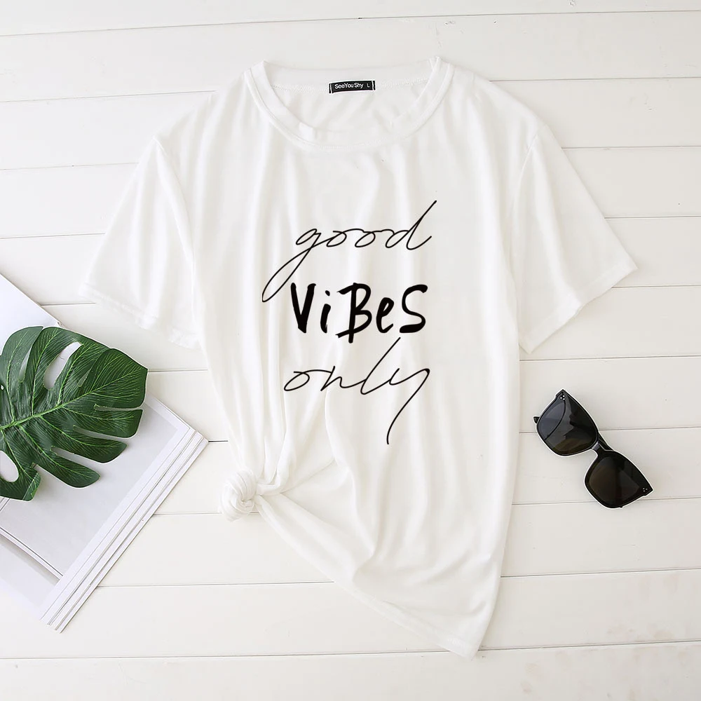 Plus Size Women's Good Vibes Letter Print Funny T-shirt — photo 14