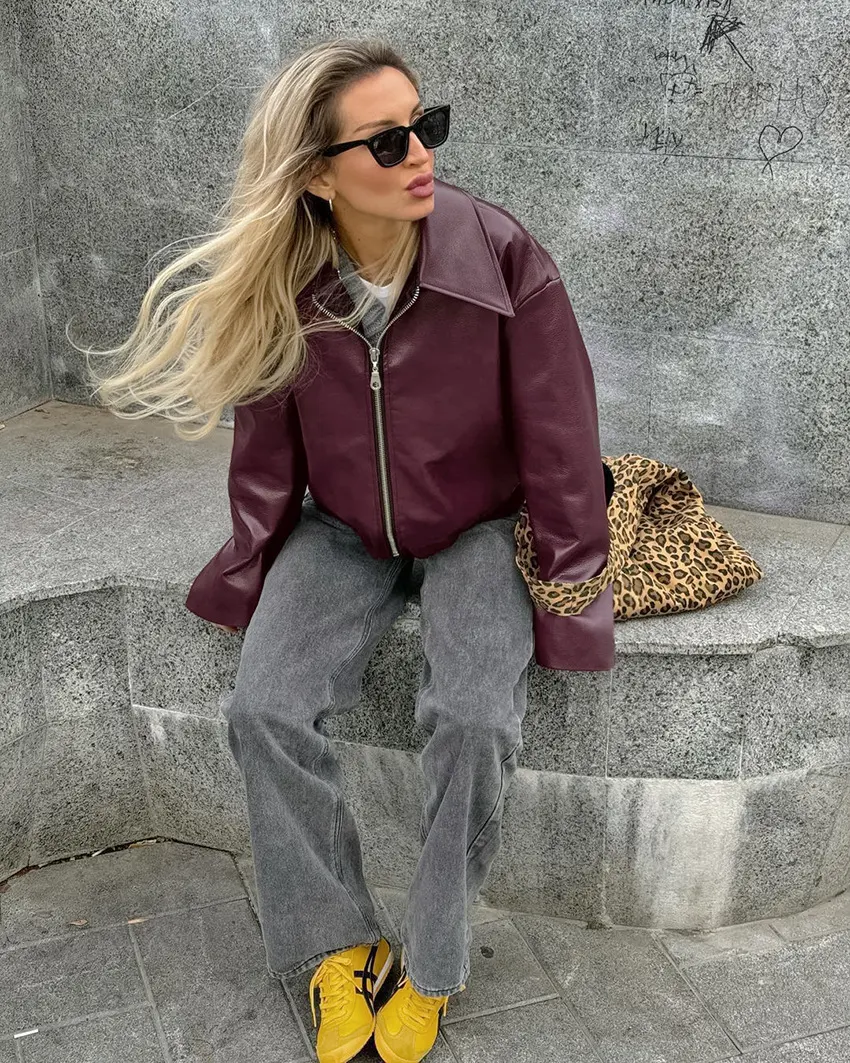 Title 11, Jaqueta de Couro Vermelho Vinho Estilo Biker Re...