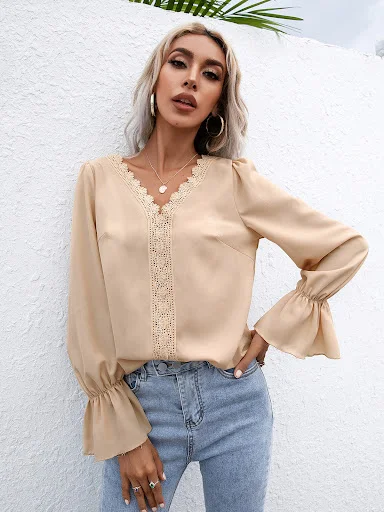 Title 10, Temperament V-neck Hollow Lace Long-sleeved Shi...