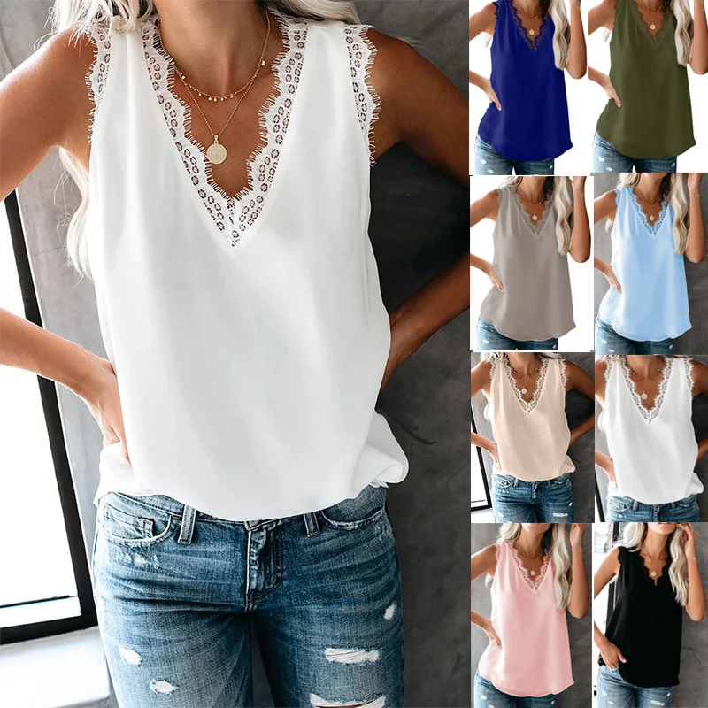 Women's V-Neck Eyelash Lace Sleeveless Loose Top — photo 11